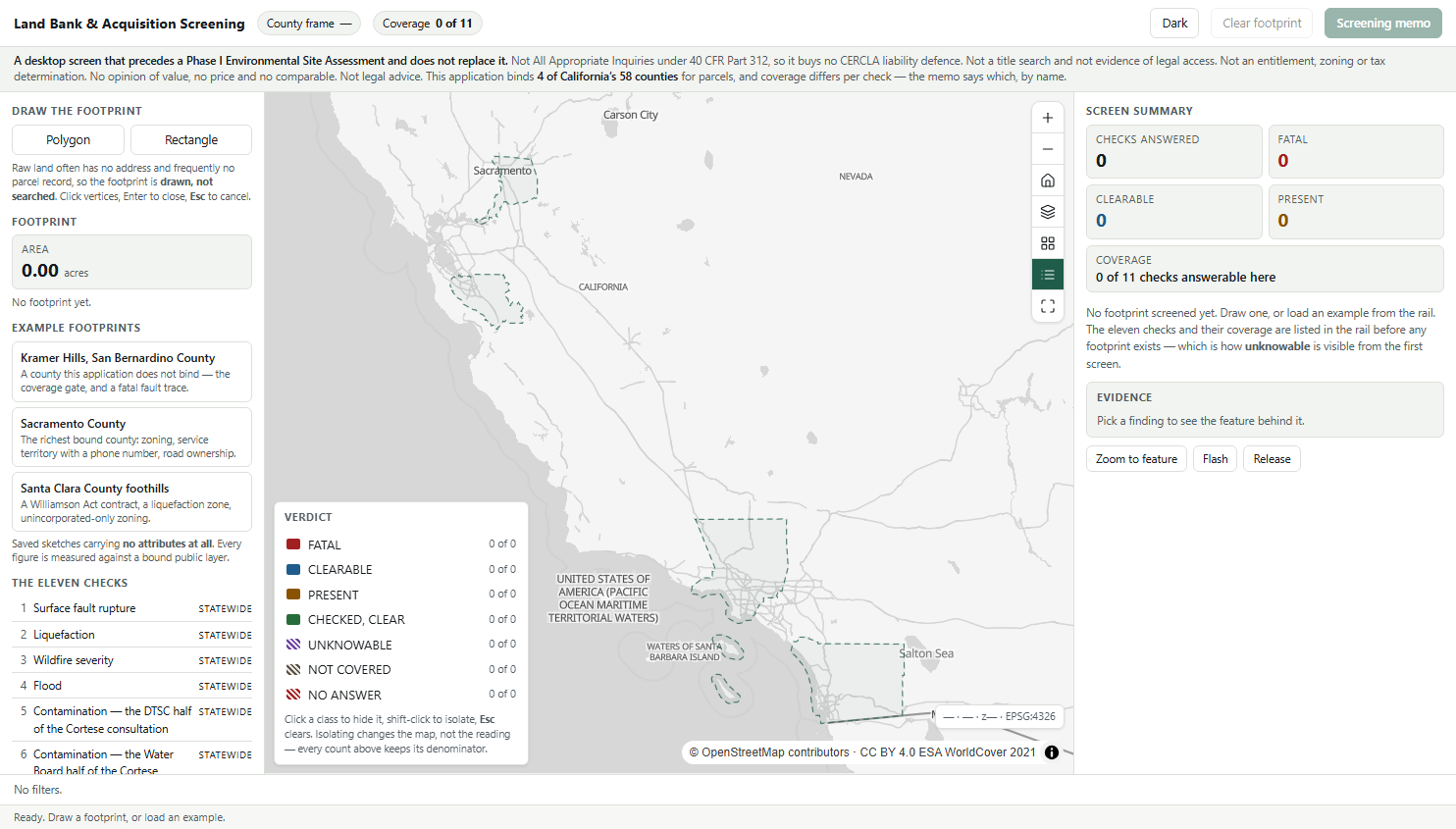 The app when it opens: drawing tools and the list of eleven checks on the left, the four counties with full parcel data outlined on the map, the legend at bottom left, and the screen summary on the right.