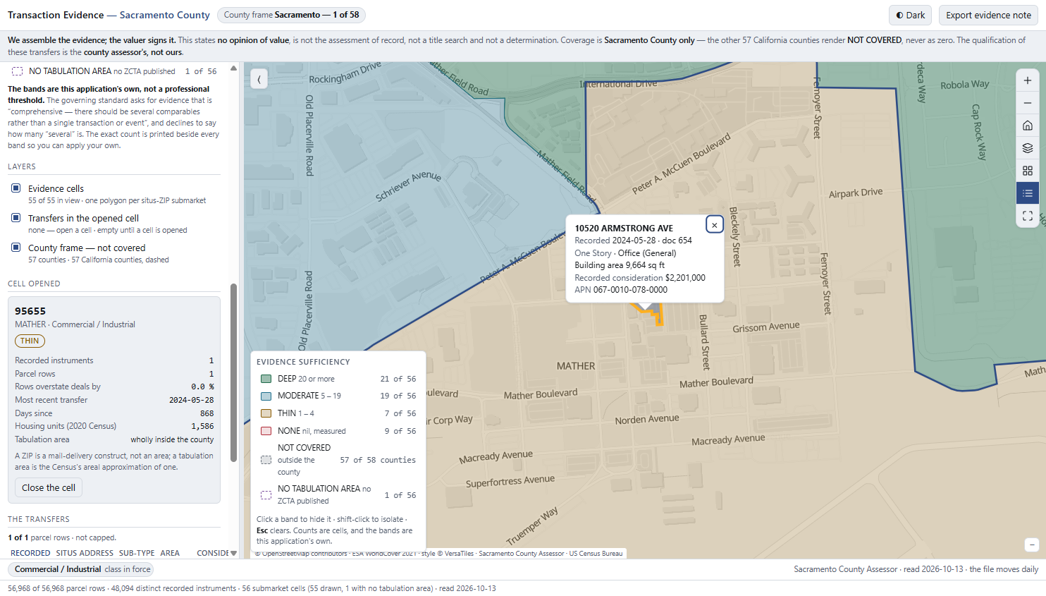 A submarket opened: the side panel shows ZIP 95655 Mather as THIN with one sale and its latest sale date, and the map zoomed to the parcel that sold.